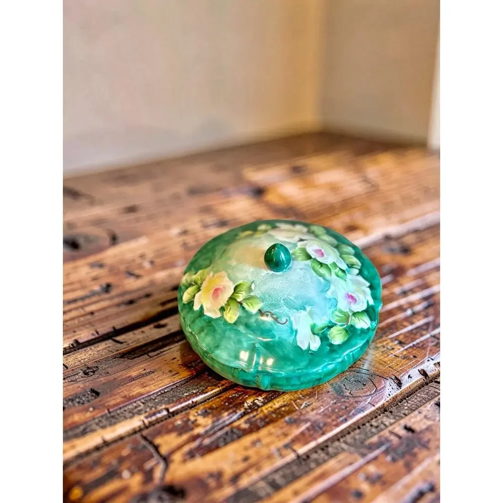 Vintage Hand Painted Porcelain Trinket Box | Green Floral Jewelry Box